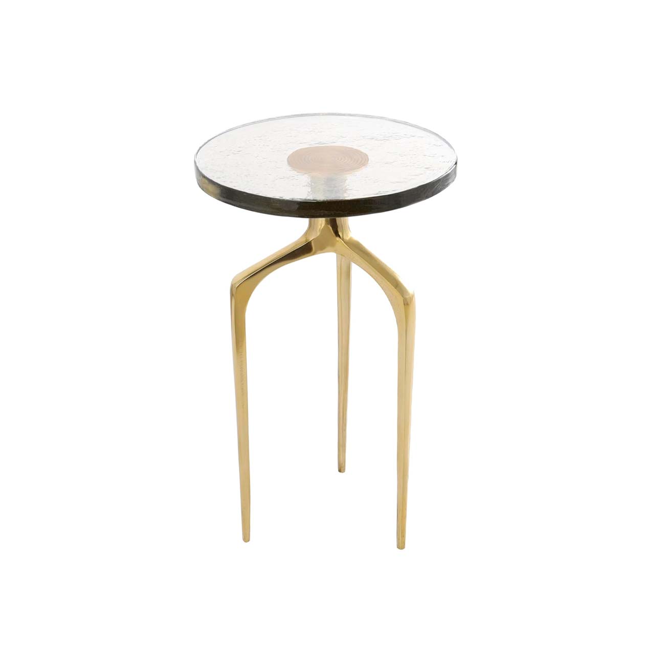 Mesa auxiliar pequeña de aluminio dorado con trípode y tablero de vidrio texturizado