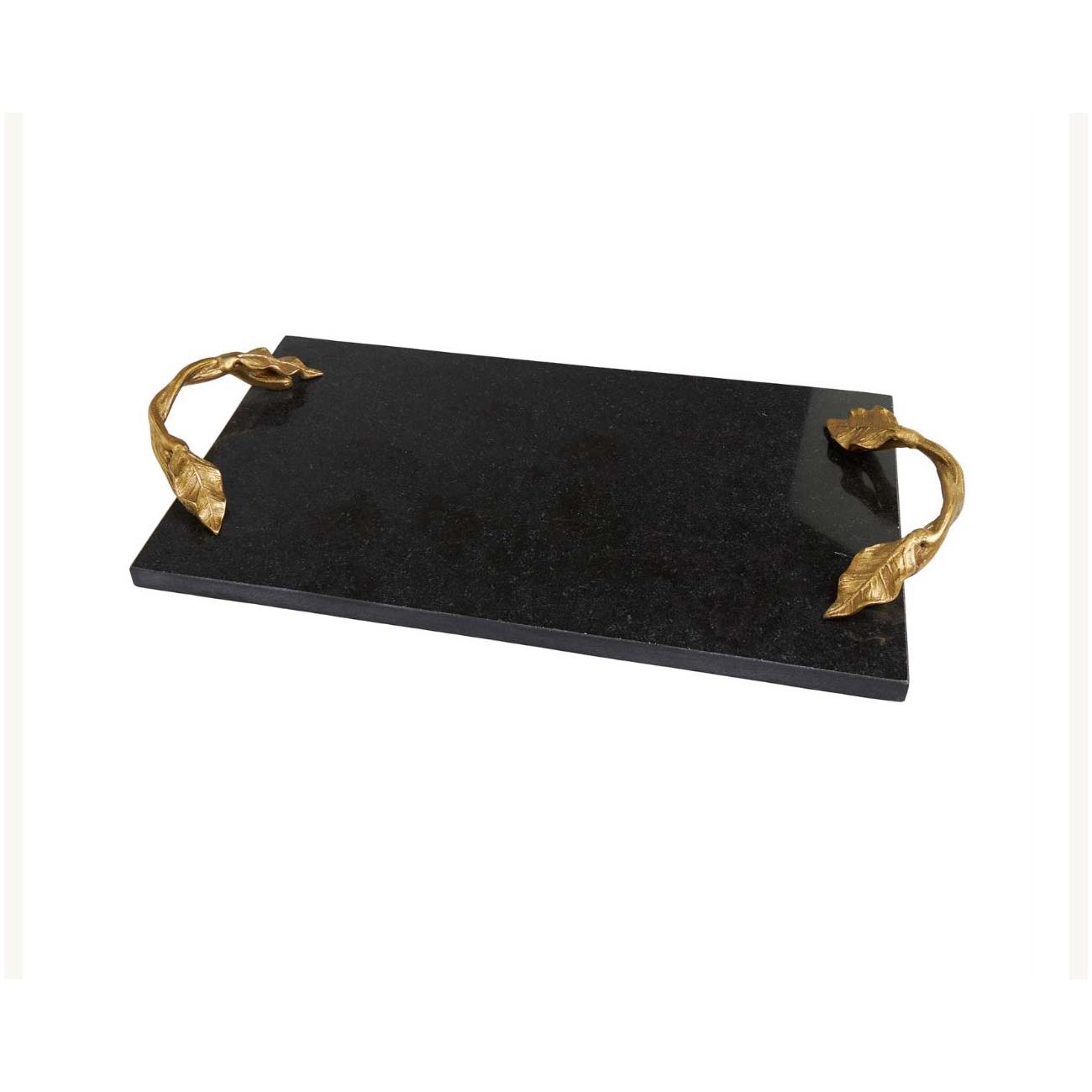 Bandeja rectangular de mármol negro con hojas y asas de metal dorado trenzado
