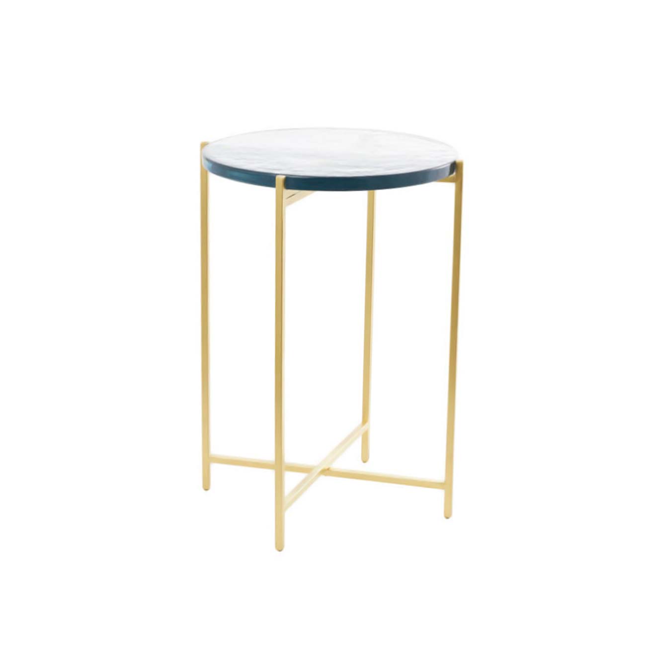 Mesa auxiliar  en forma de X de metal dorado con tablero de vidrio texturizado