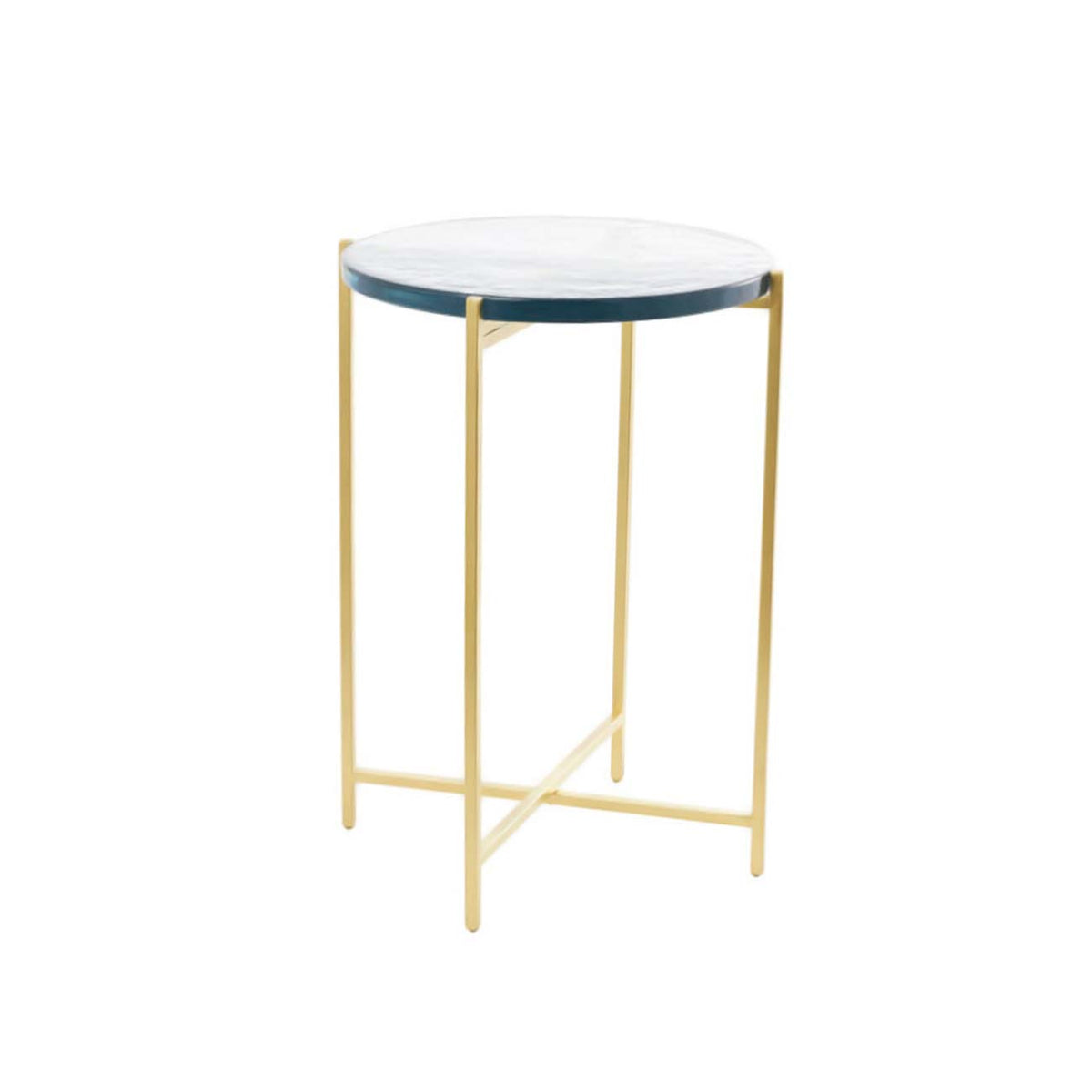 Mesa auxiliar  en forma de X de metal dorado con tablero de vidrio texturizado
