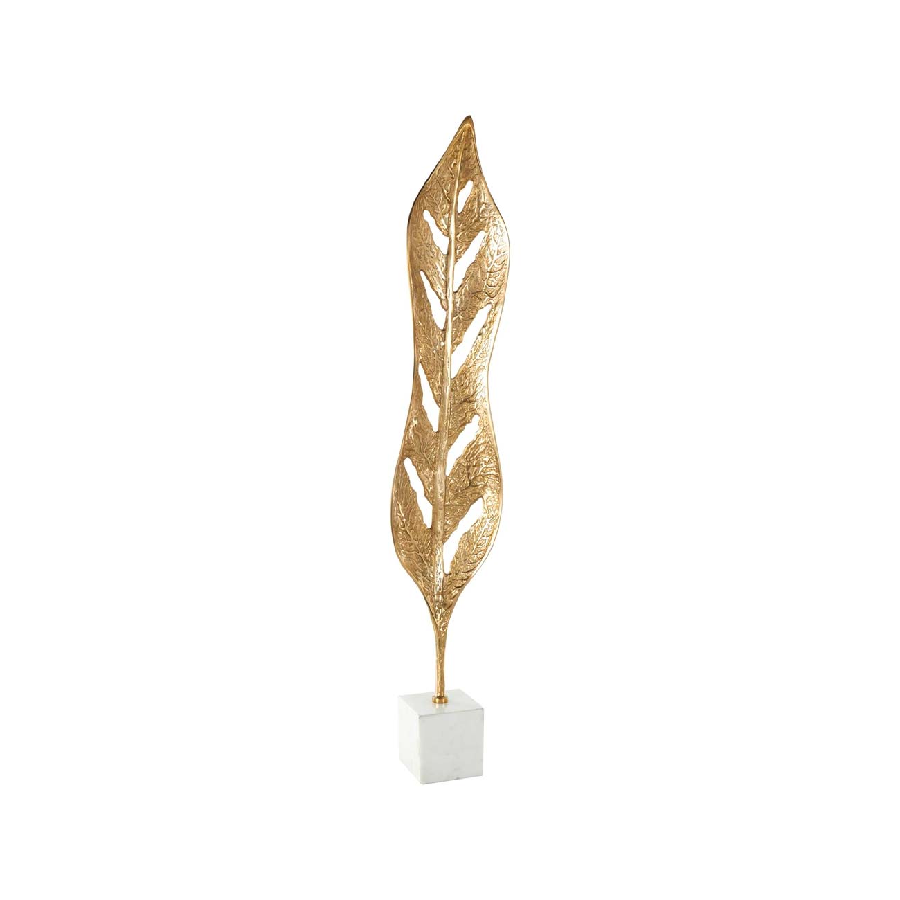 Escultura decorativa texturizada de hoja de aluminio dorado con base de mármol blanco