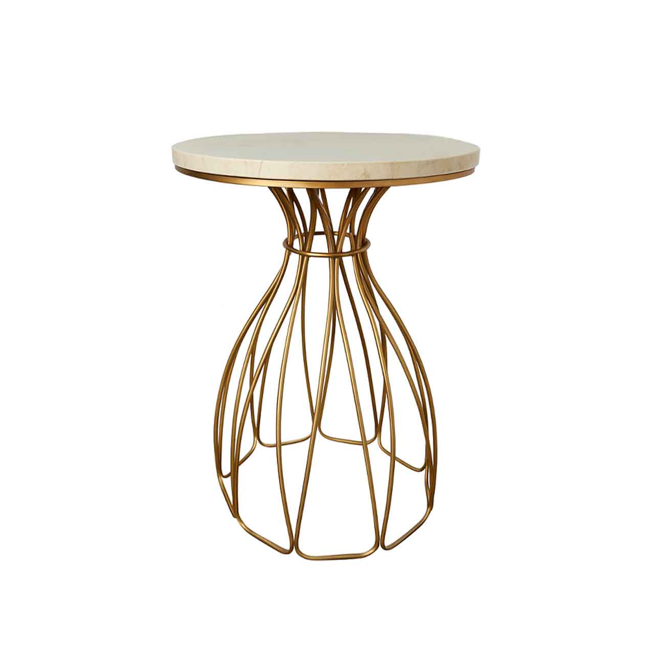 Mesa auxiliar de metal dorado con diseño floral y tablero de mármol crema