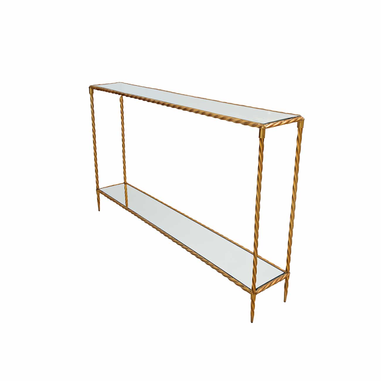 Consola con un estante, de metal dorado con tablero y estante de vidrio espejeado