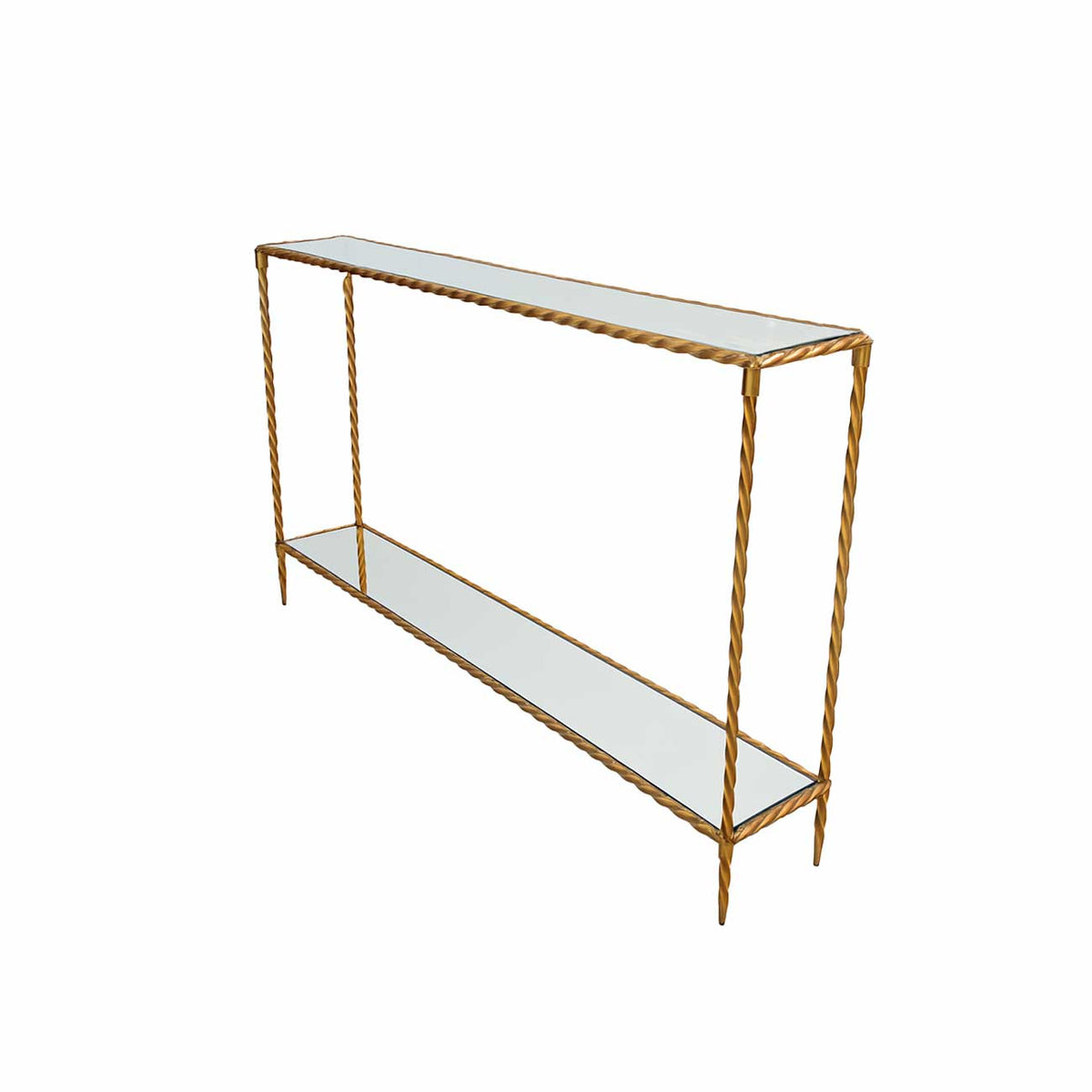 Consola con un estante, de metal dorado con tablero y estante de vidrio espejeado