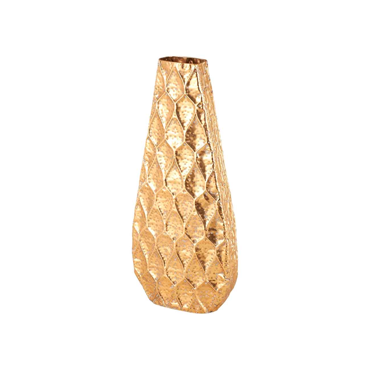 Jarrón decorativo de metal dorado texturizado con forma de lágrima cóncava