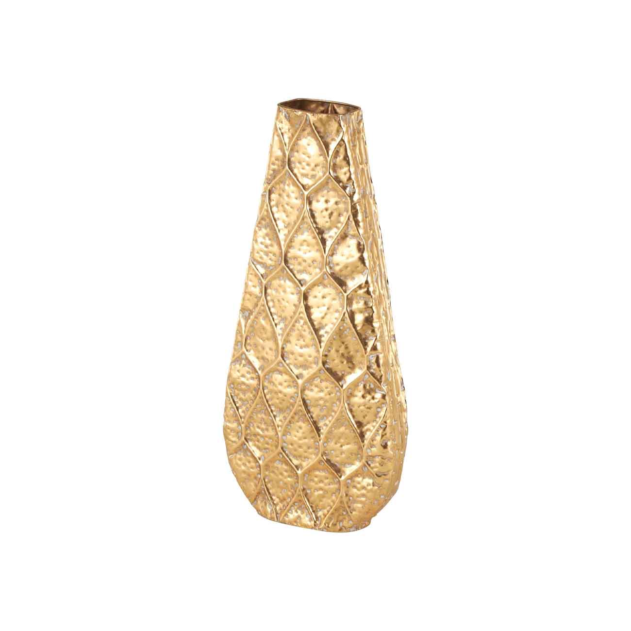 Jarrón decorativo de metal dorado texturizado con forma de lágrima cóncava