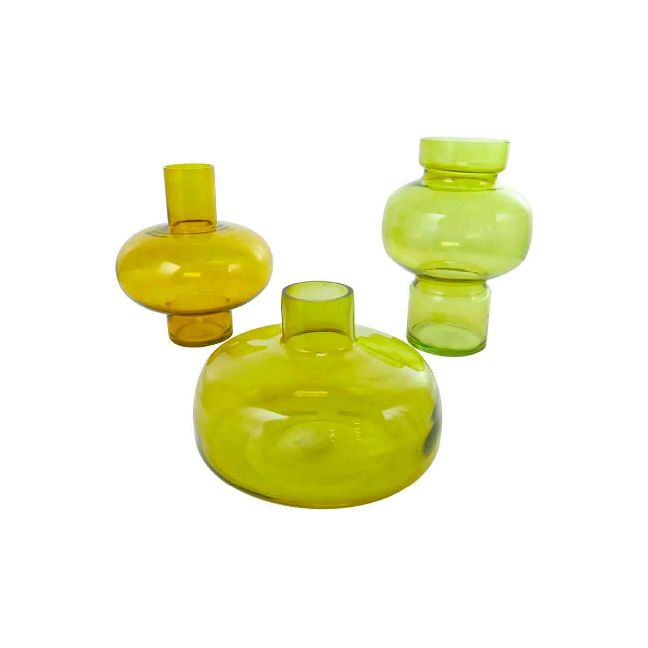 Juego de 3 Jarrónes decorativos redondos de vidrio verde con formas y tamaños variados