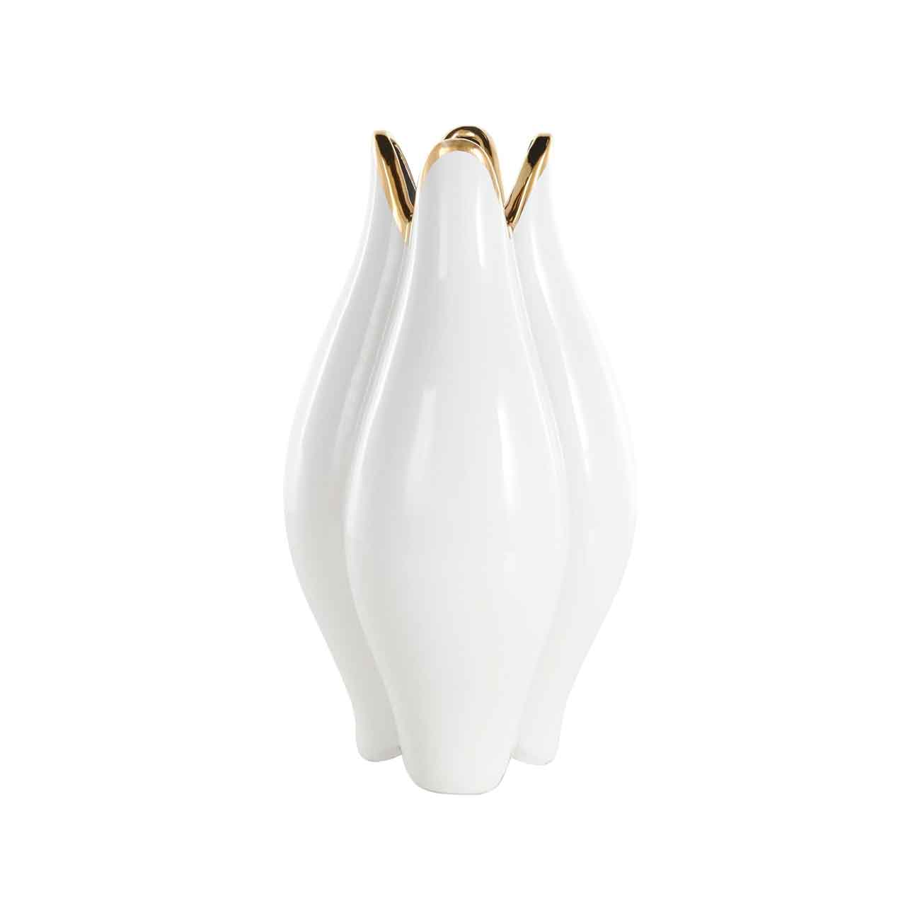 Jarrón decorativo de cerámica blanca con diseño floral y borde dorado metálico