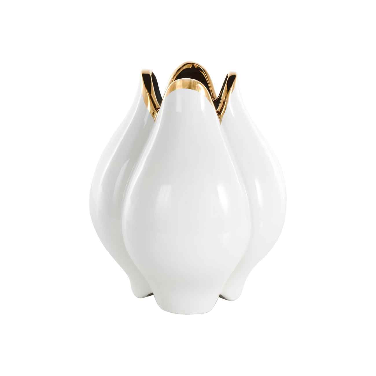 Jarrón decorativo de cerámica blanca con diseño floral tridimensional y borde dorado metálico