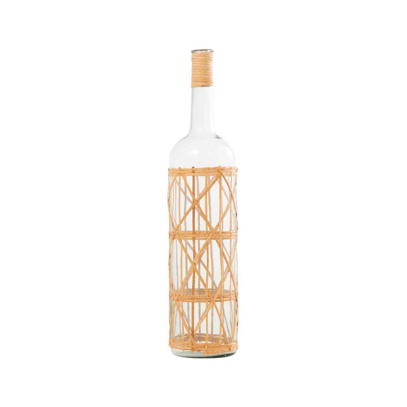 Jarrón decorativo alto de vidrio transparente, hecho a mano, con cuerpo y cuello de ratán tejido
