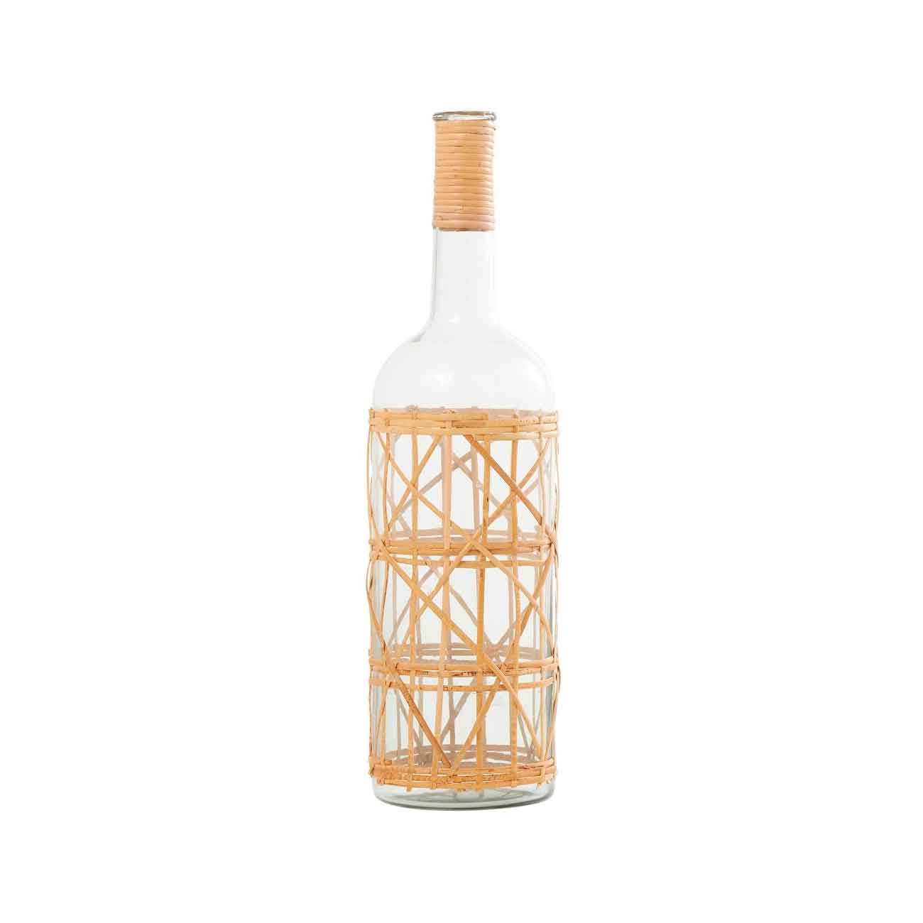 Jarrón decorativo alto de vidrio transparente, hecho a mano, con cuerpo y cuello de ratán tejido en