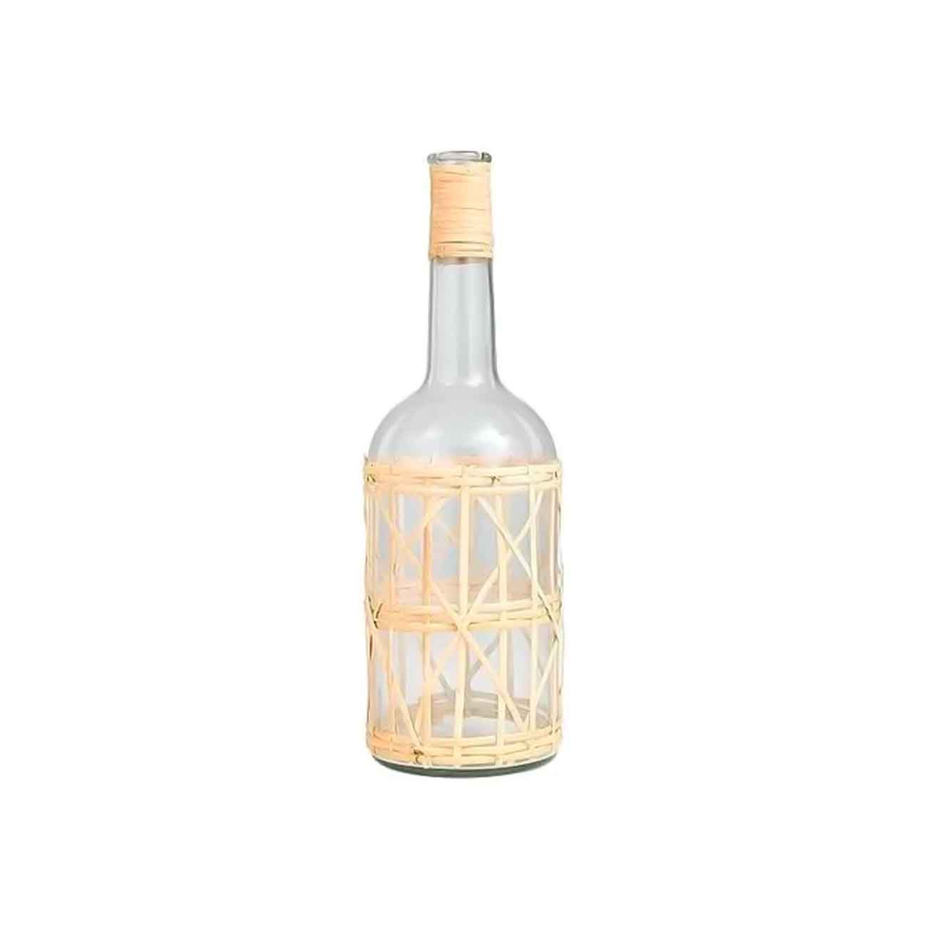 Jarrón decorativo de vidrio transparente hecho a mano con cuerpo y cuello de ratán tejido en marrón