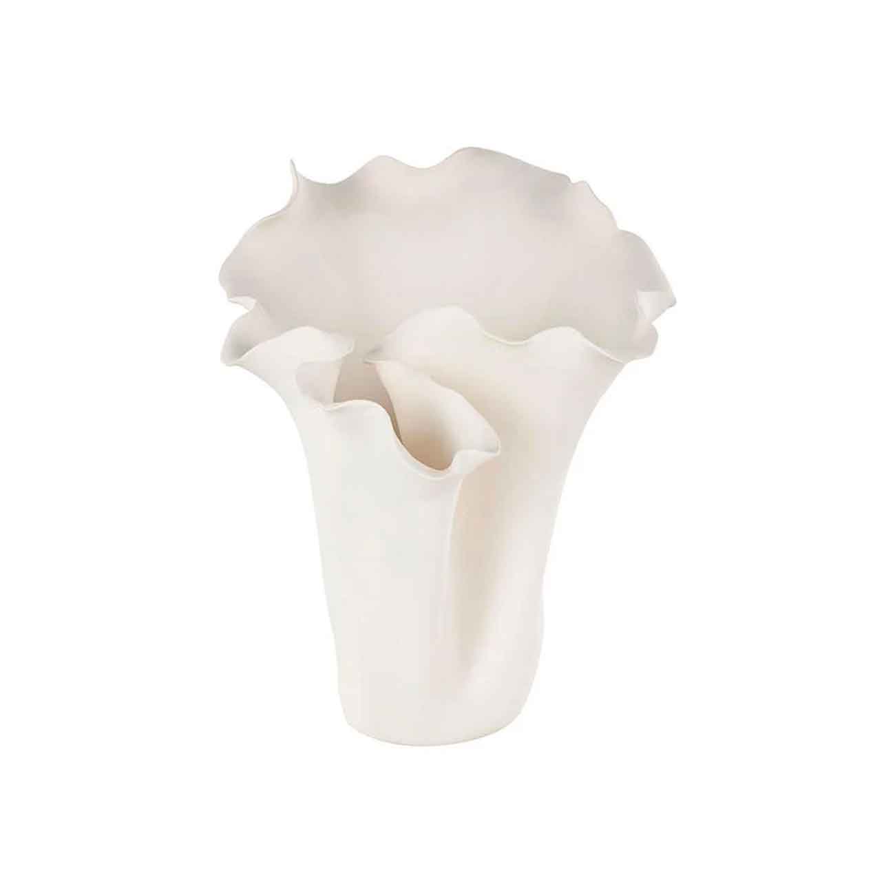 Jarrón decorativo de cerámica blanca con diseño floral abstracto y borde ondulado