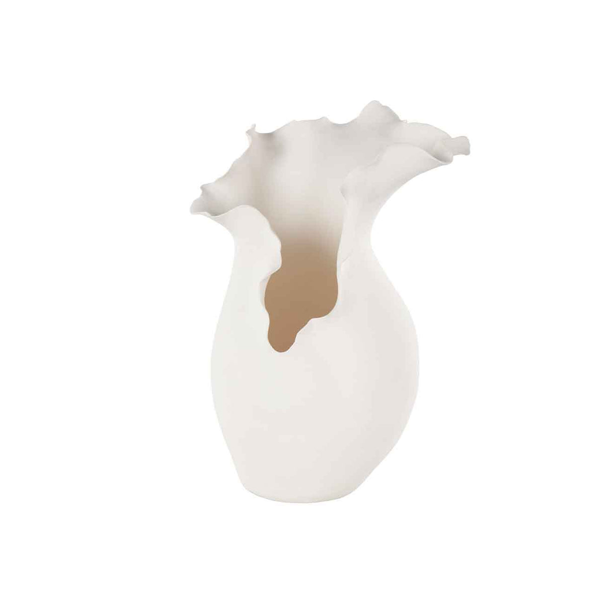 Jarrón decorativo de cerámica blanca con diseño floral abstracto y borde ondulado