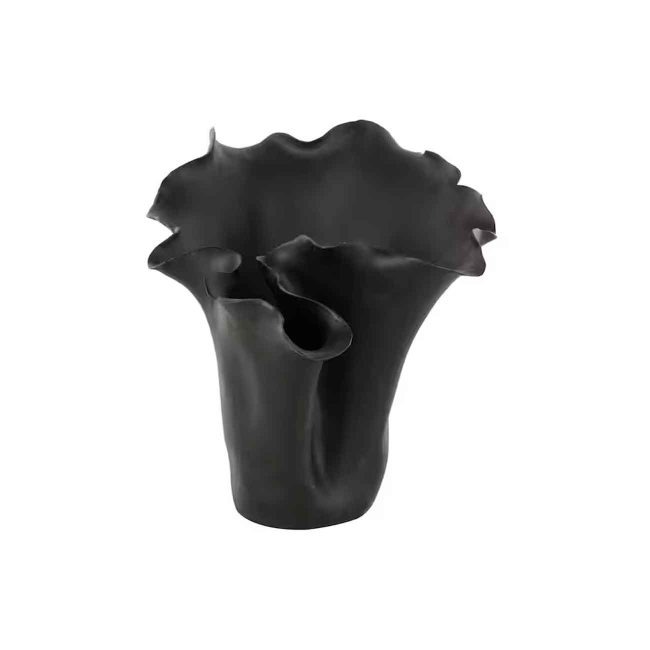 Jarrón decorativo de cerámica negra con diseño floral abstracto y borde ondulado