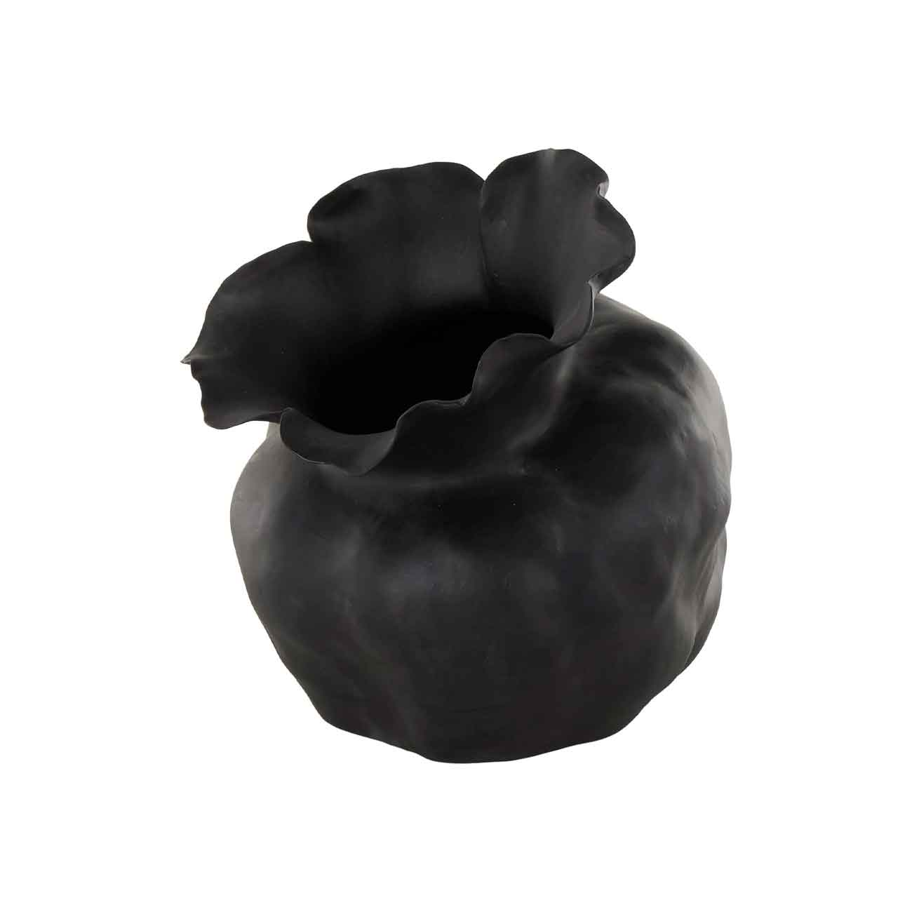 Jarrón decorativo de cerámica negra, abstracto, ancho y redondeado, con forma floral