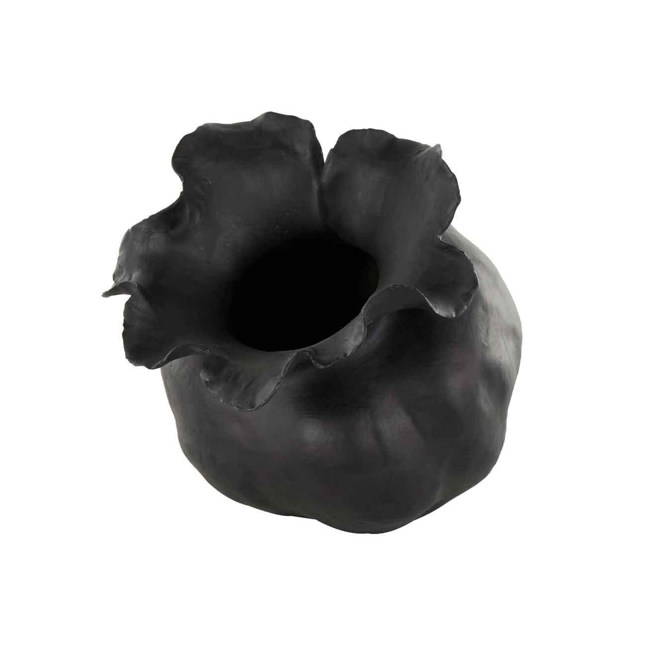 Jarrón decorativo de cerámica negra, abstracto, ancho y redondeado, con forma floral