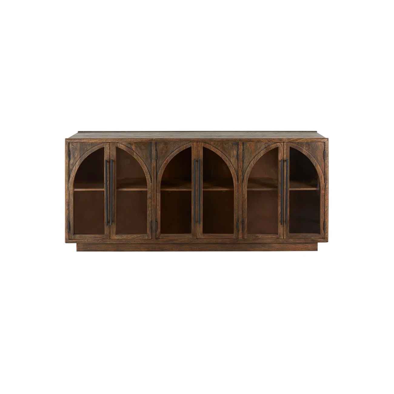 Consola de madera de mango marrón, hecho a mano, con 1 estante y 6 puertas, con jaladeras  de metal