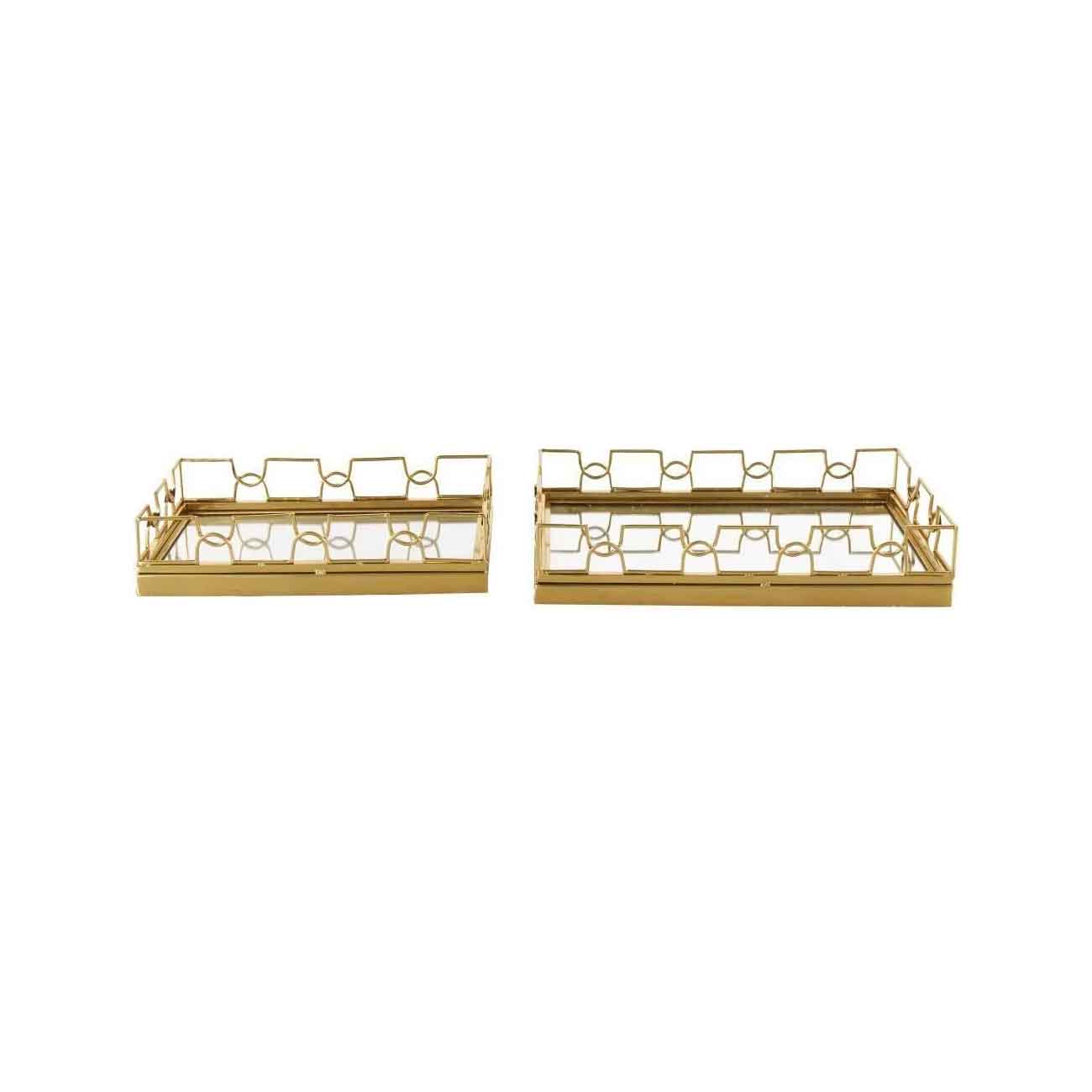 Juego de 2 Bandejas decorativas de acero inoxidable dorado con espejo geométrico