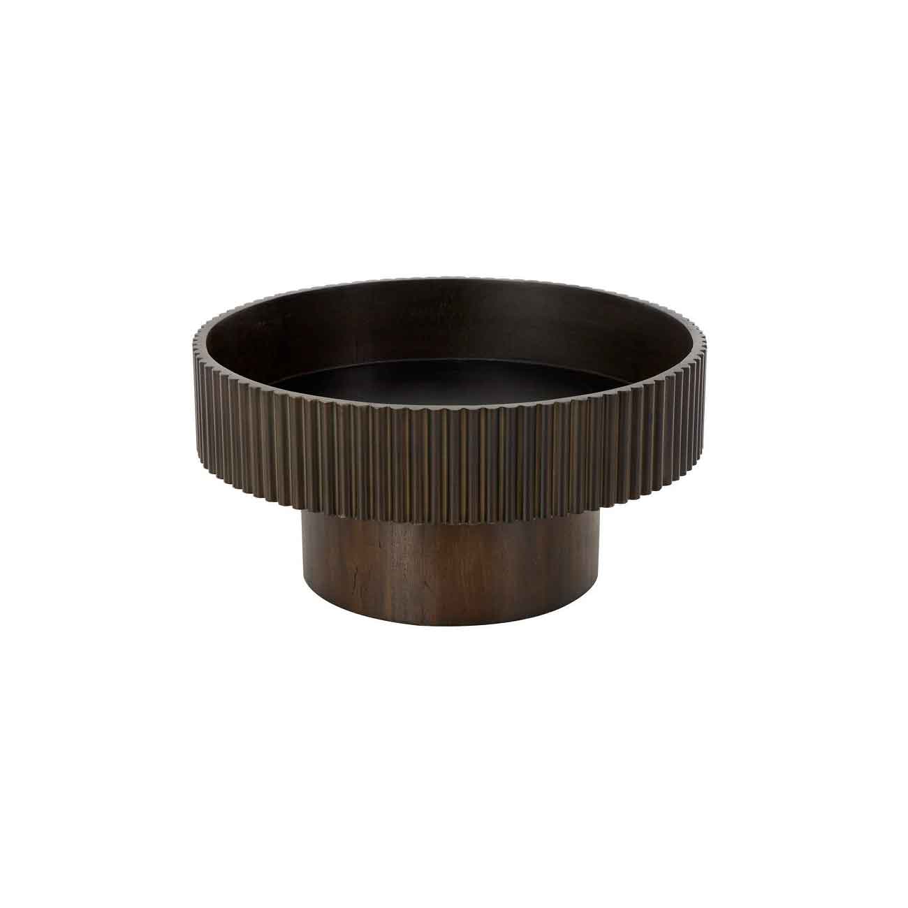 Cuenco decorativo de madera acanalada marrón oscuro con base elevada