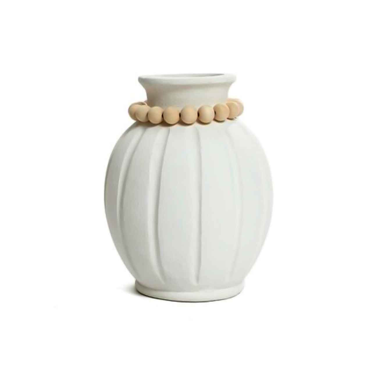 Jarrón decorativo ancho de óxido de magnesio blanco con cuentas marrón claro y ranuras talladas