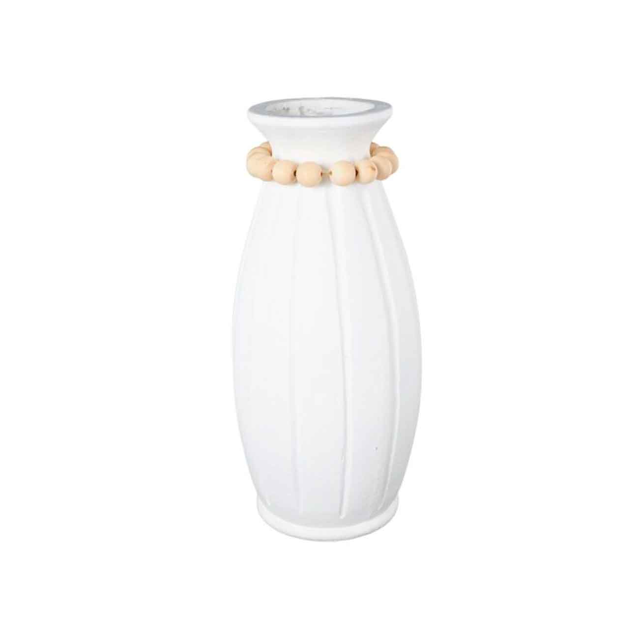 Jarrón decorativo de óxido de magnesio blanco con cuentas marrón claro y ranuras talladas