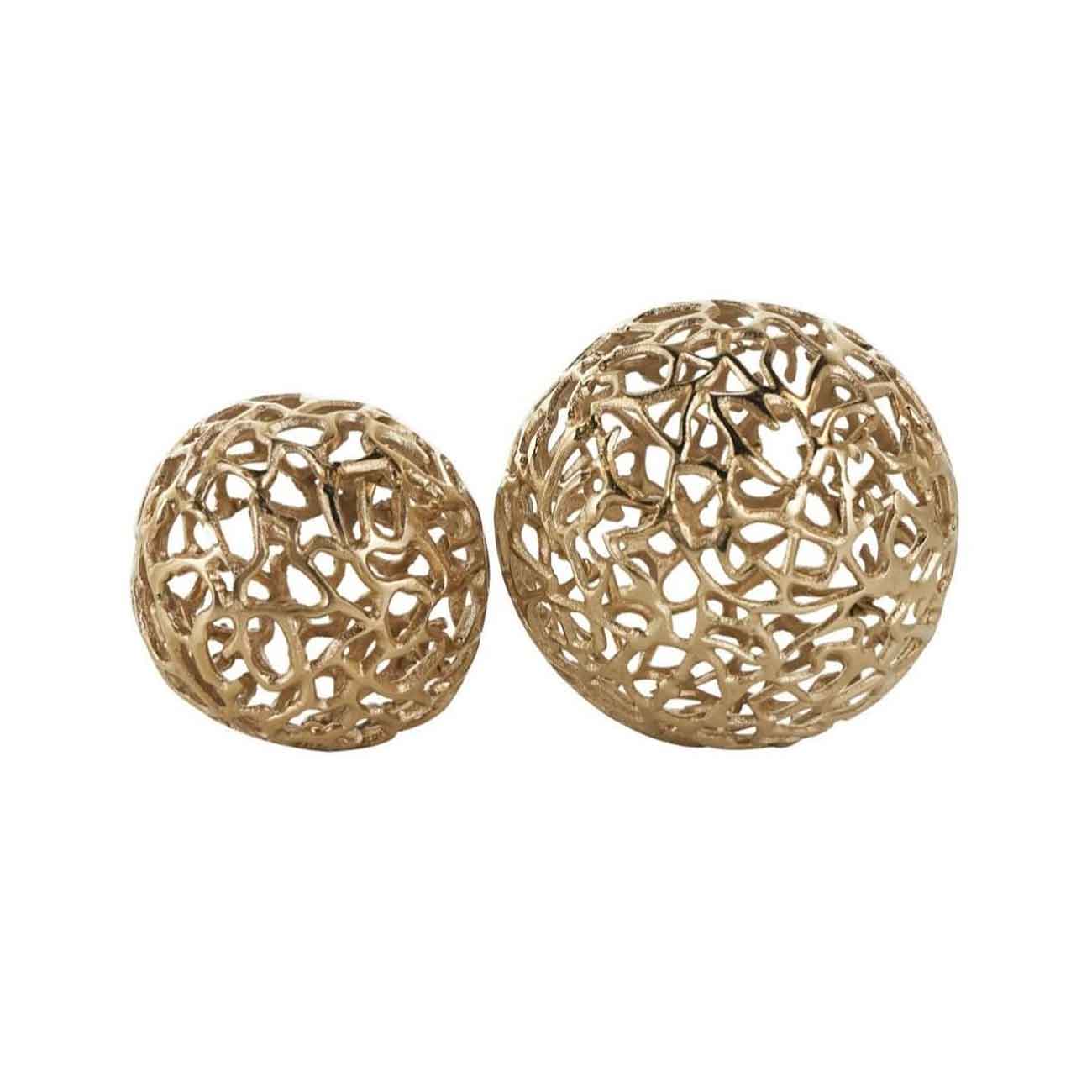 Juego de 2 Orbes decorativos de coral y relleno para jarrón de aluminio dorado con entramado abierto
