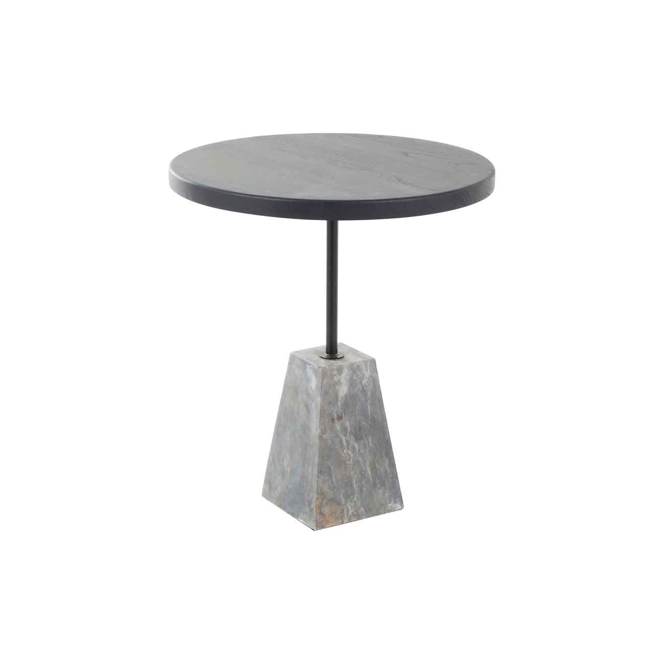 Mesa auxiliar geométrica de madera negra con base piramidal de mármol gris