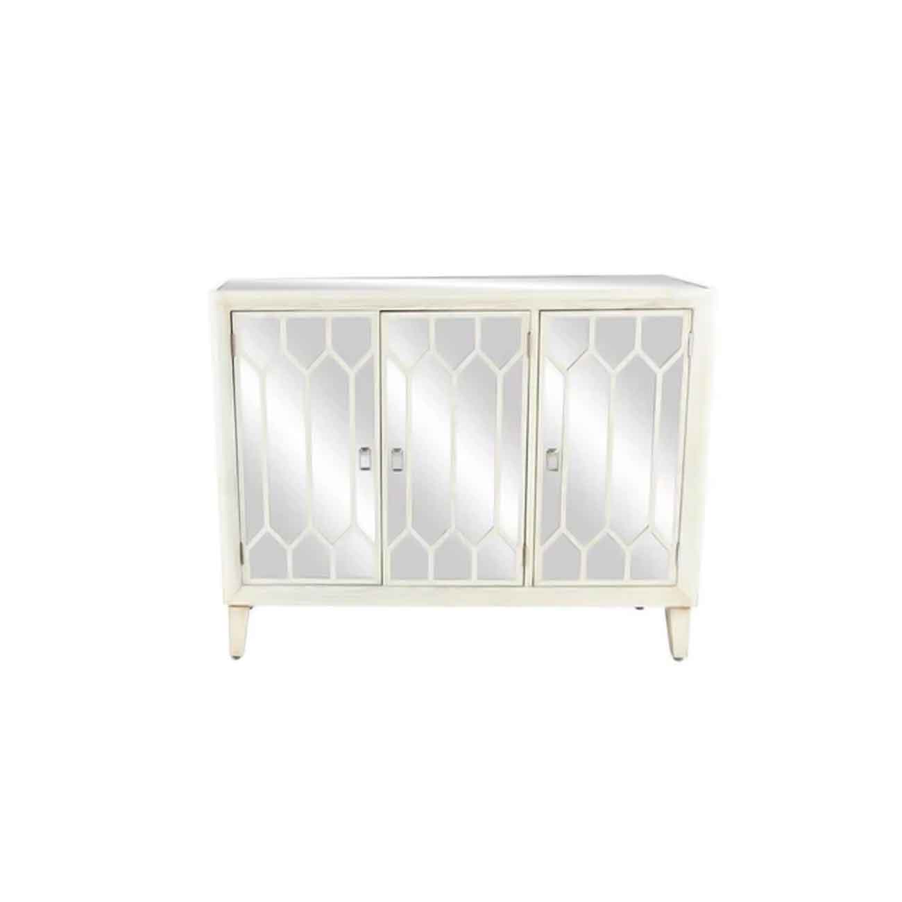 Consola de madera blanco con espejo geométrico, 1 estante y 3 puertas