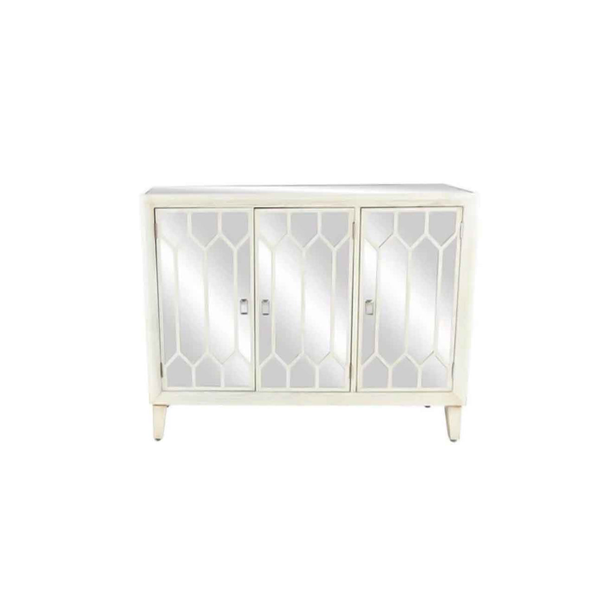 Consola de madera blanco con espejo geométrico, 1 estante y 3 puertas