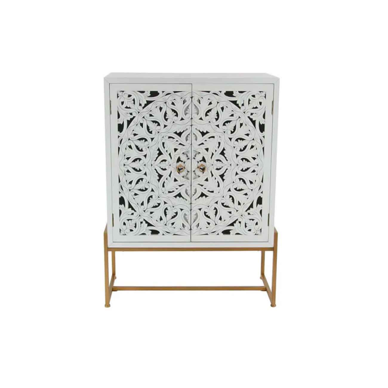 Consola de madera blanca con un estante y dos puertas, tallado a mano con motivos florales