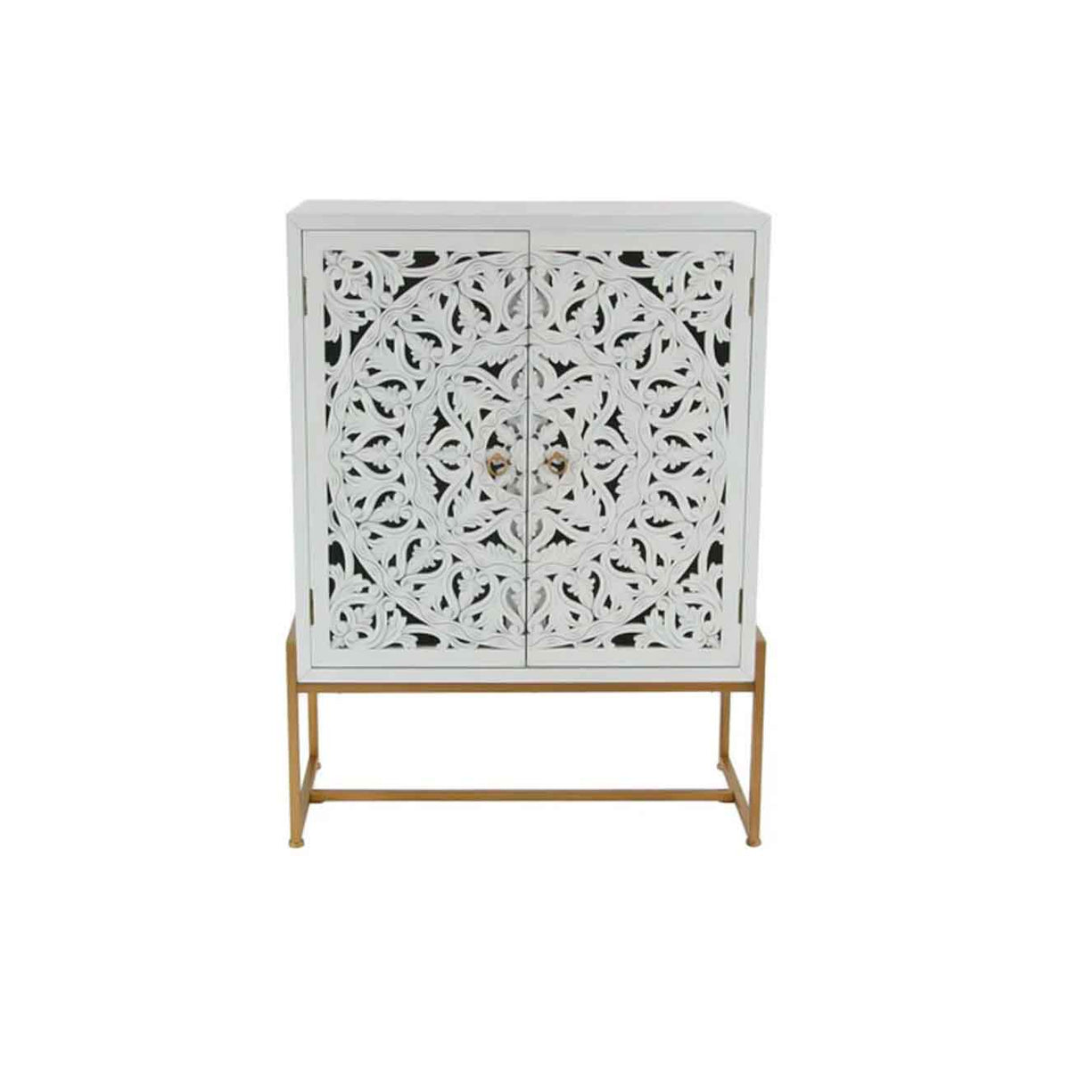 Consola de madera blanca con un estante y dos puertas, tallado a mano con motivos florales