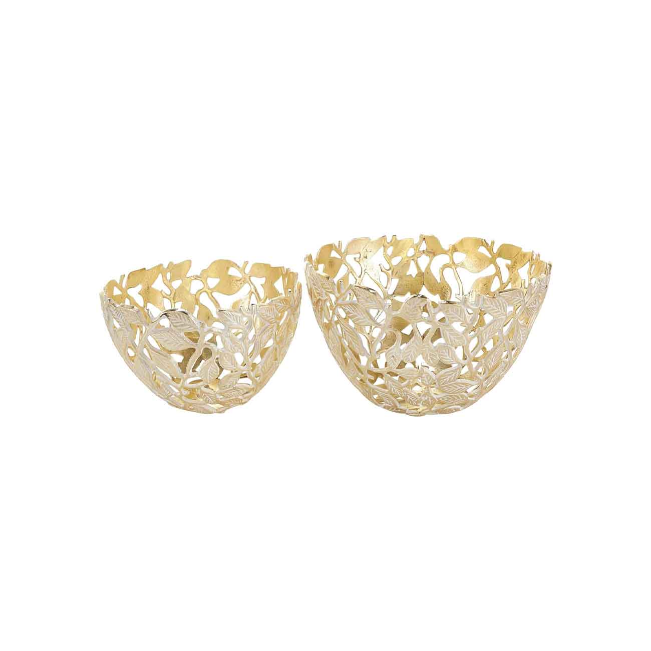 Juego de 2 Cuencos decorativos de aluminio dorado con hojas de metal y detalles en blanco