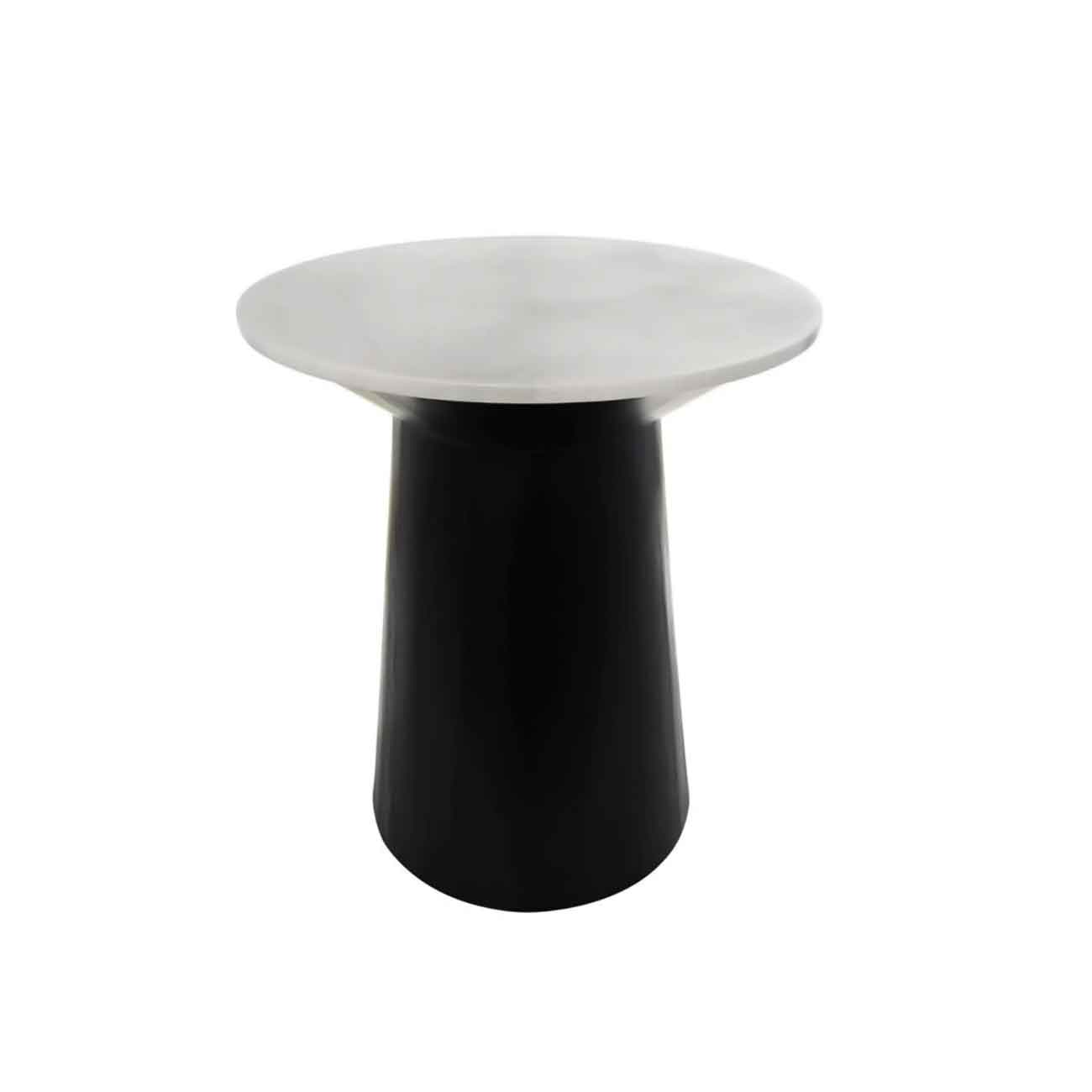 Mesa auxiliar geométrica de mármol blanco con base de madera negra