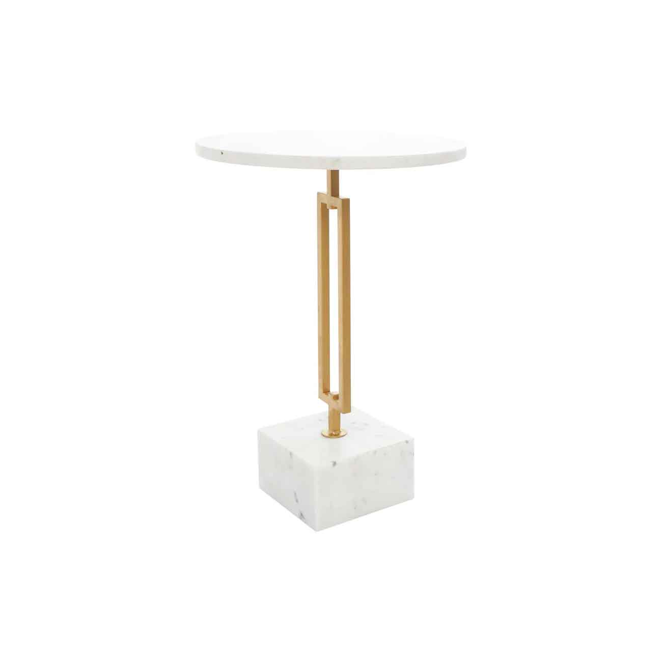 Mesa auxiliar geométrica de mármol blanco con base rectangular de metal dorado