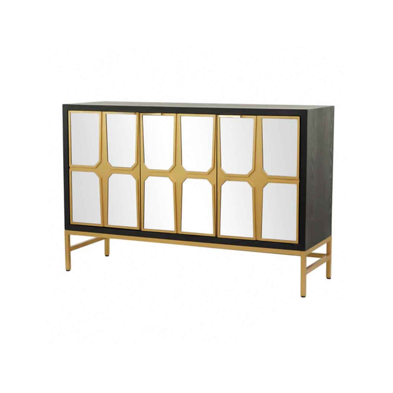 Consola de madera negra con 1 estante y 3 puertas, con frente de espejo