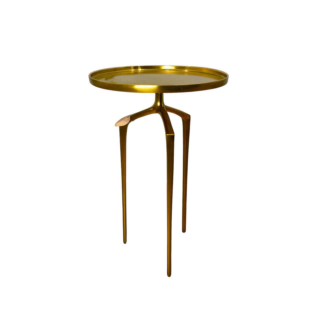Mesa auxiliar con bandeja de metal de aluminio dorado y tres patas de trípode