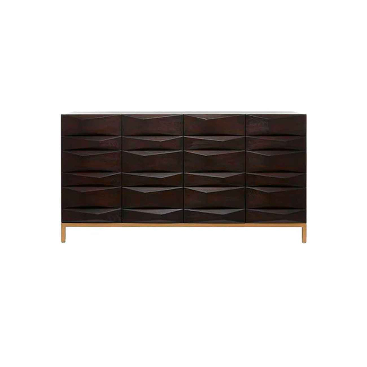 Consola geométrica de madera marrón oscuro con 1 estante y 4 puertas