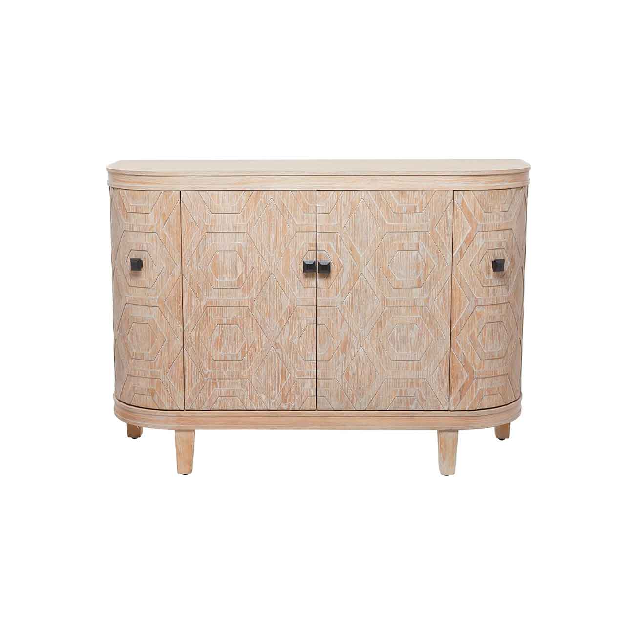 Consola de madera marrón, con diseño geométrico curvo, encalado y tallado hexagonal, con 3 estantes