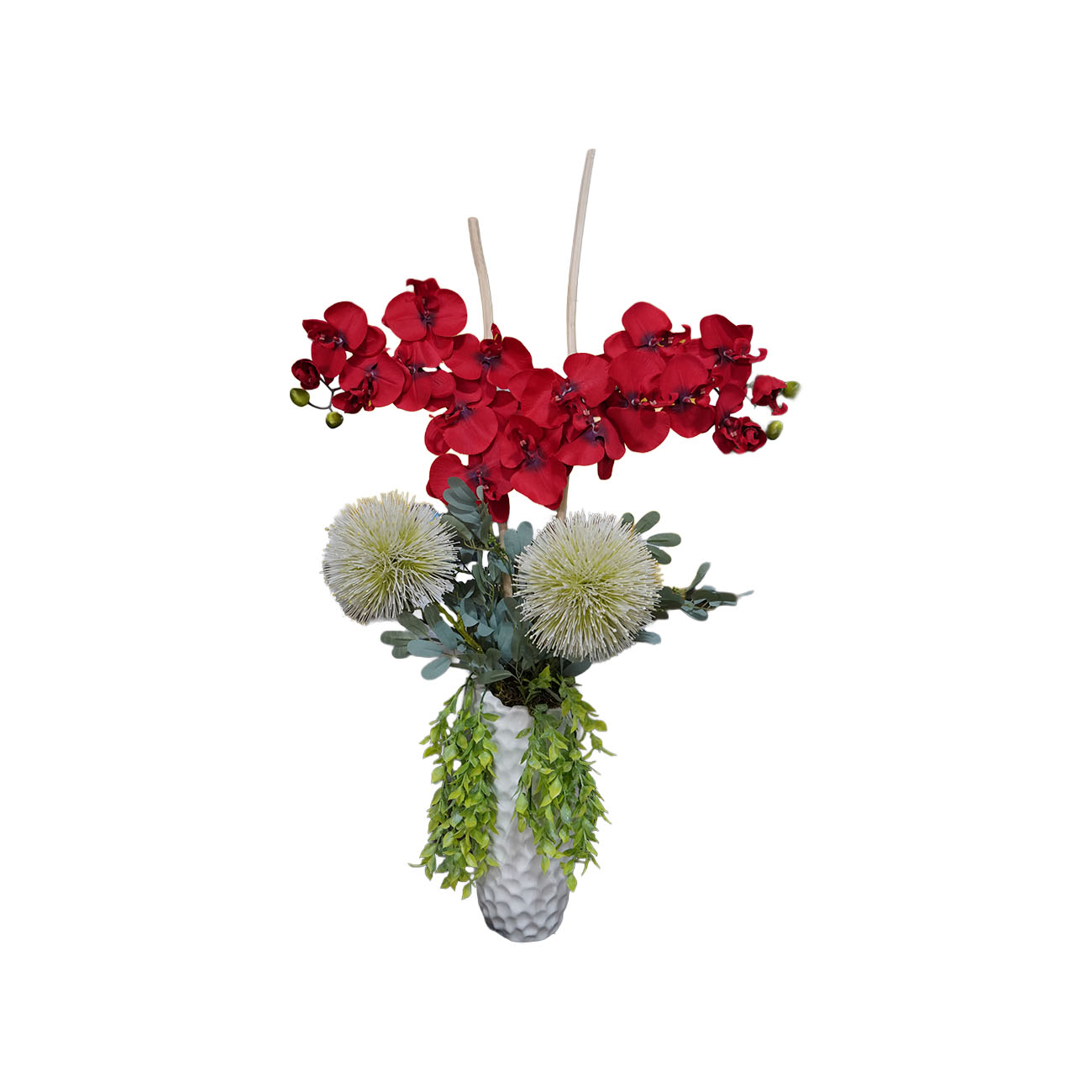 FLORERO BLANCO DISEÑO MODERNO CON UN TOQUE DE FLORES Y FOLLAJE ESPECIAL