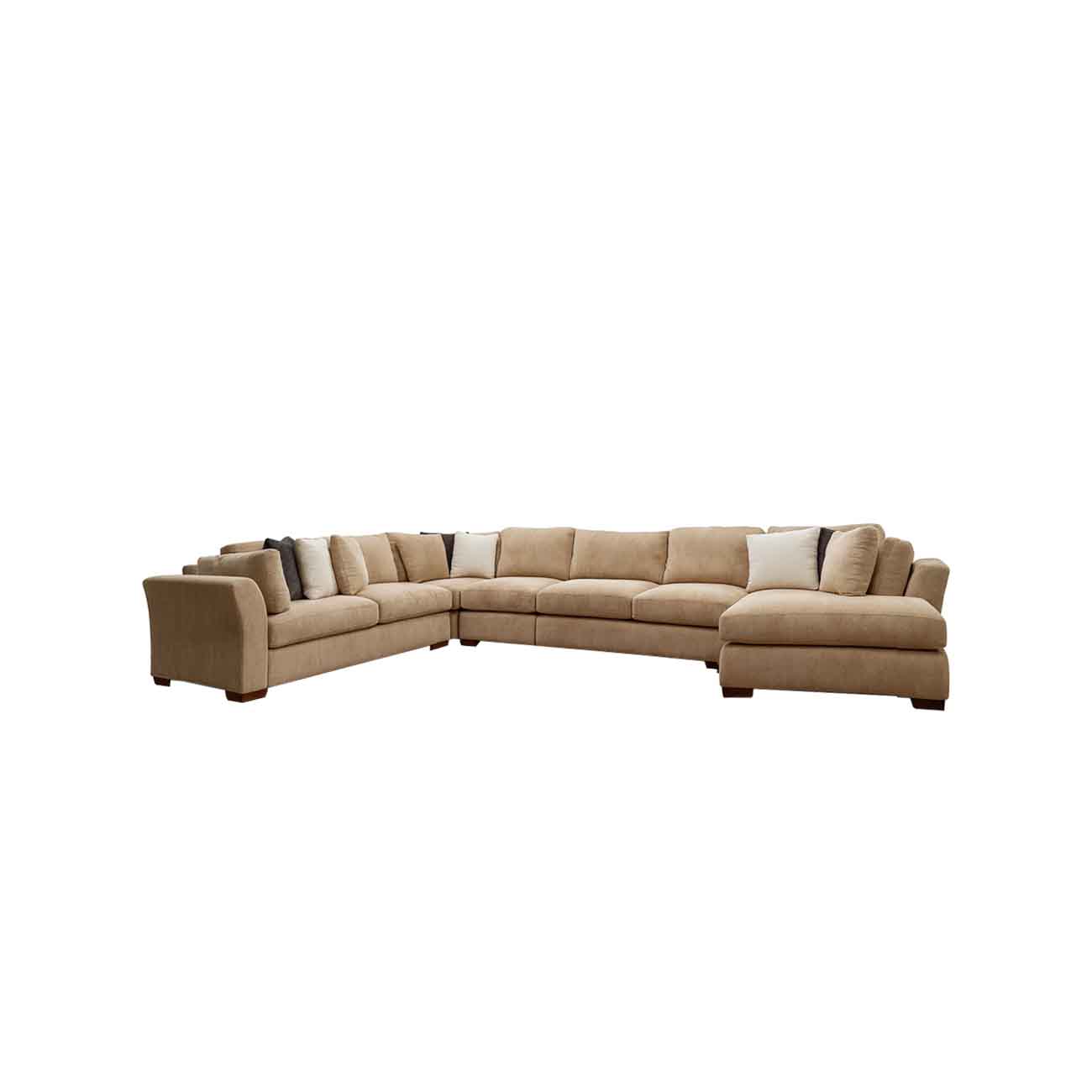 Sala modular en tela color beige y cojines decorativos