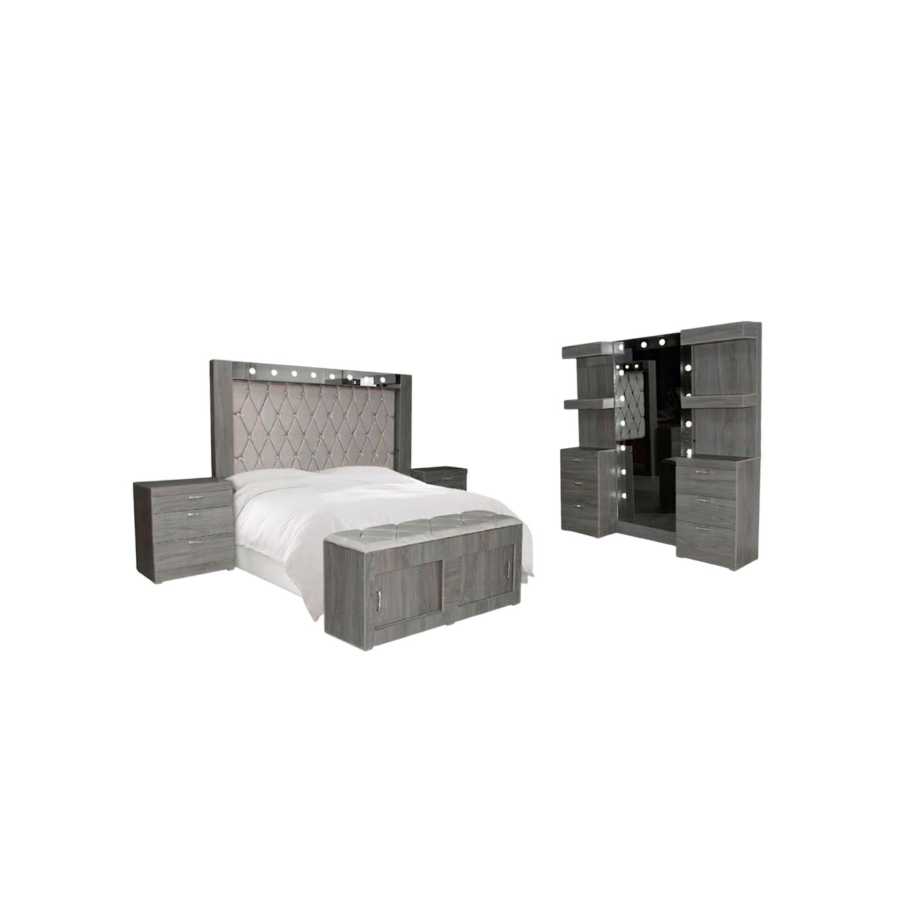 Recamara king size modelo Cristal color gris incluye cabecera, dos buró, comoda y tocador
