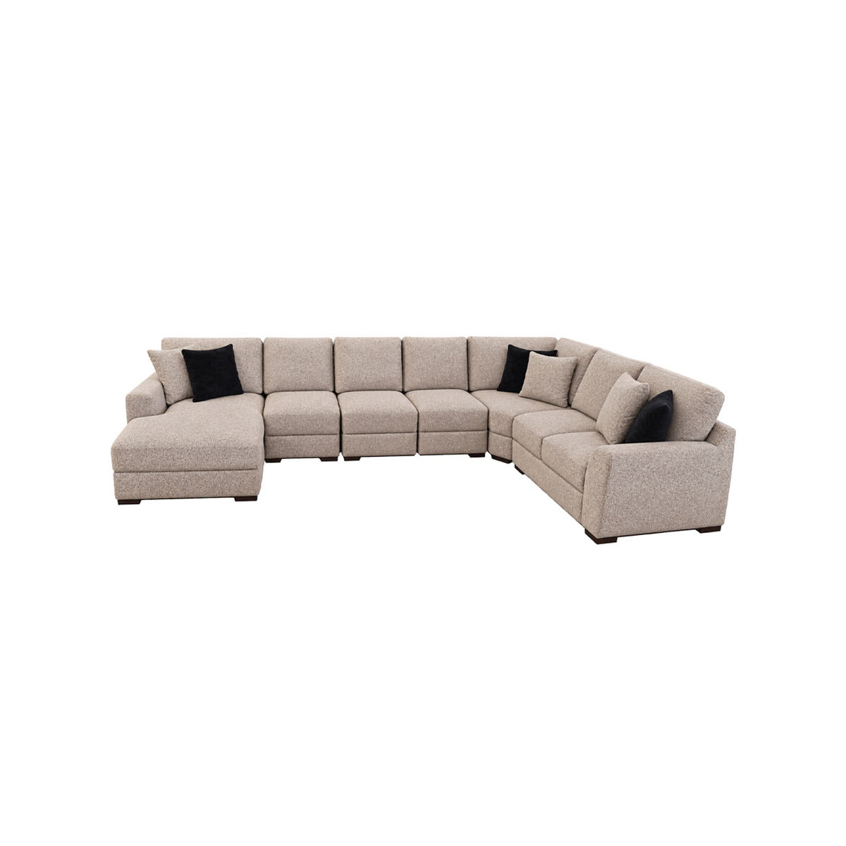 Sala modular Amira color beige con cojines decorativos y taburetes