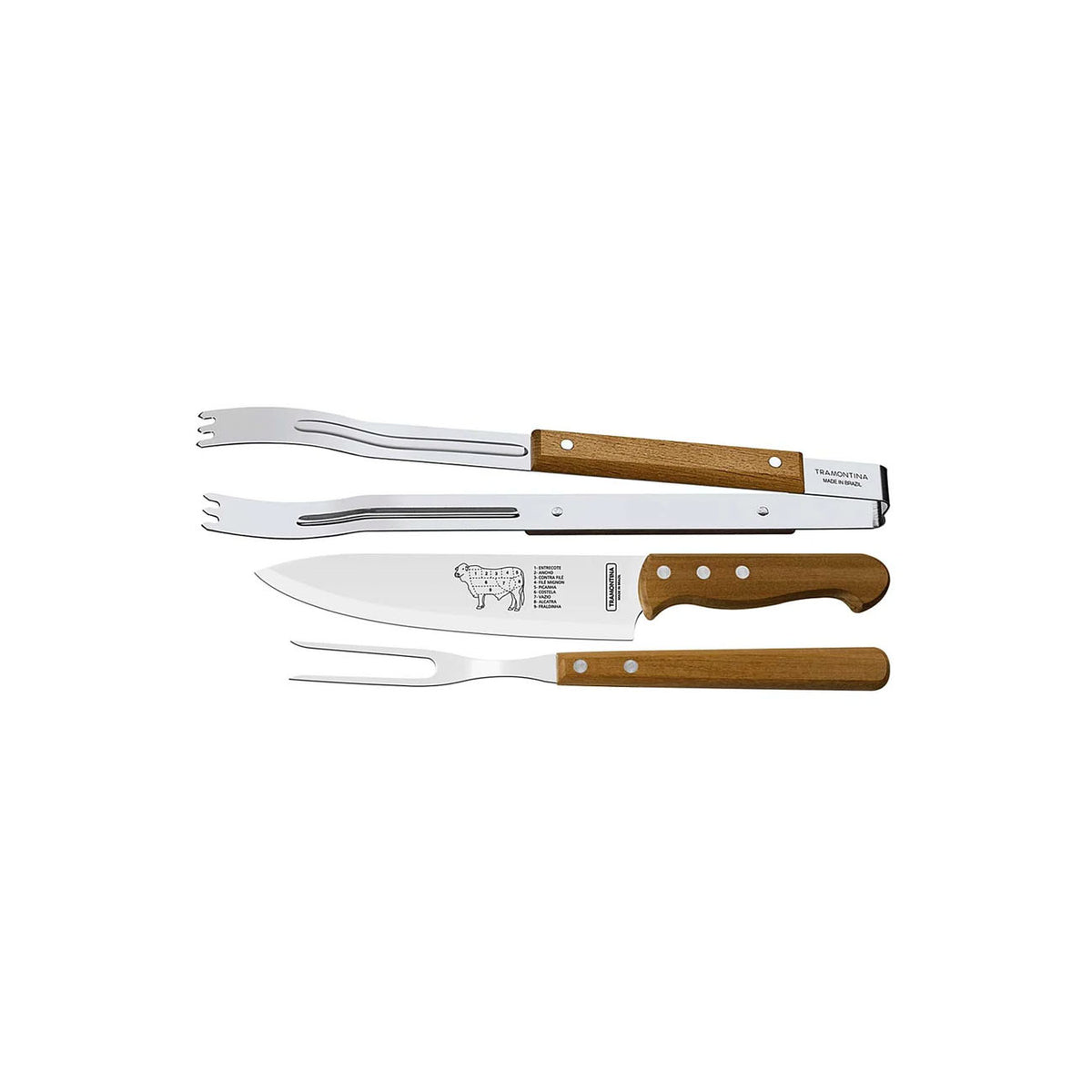 Kit para asado Churrasco de  3 piezas en  Inox/Madera V/E.
