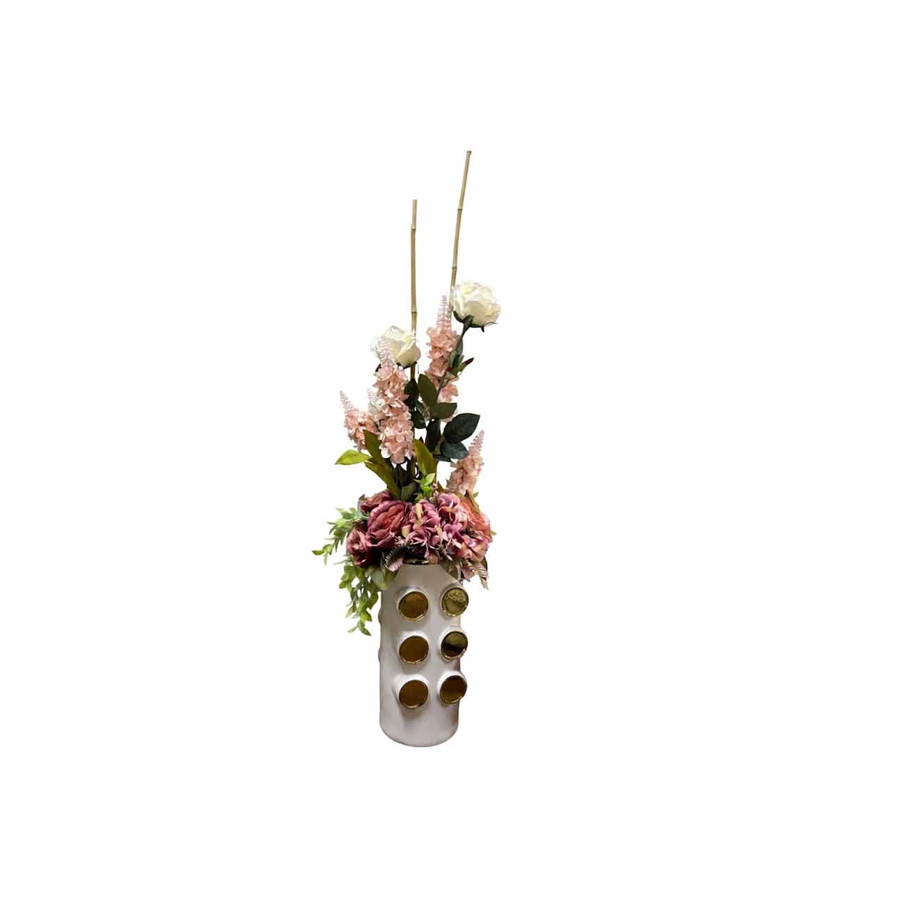 Jarrón Blanco con Dorado y vara rosa crema