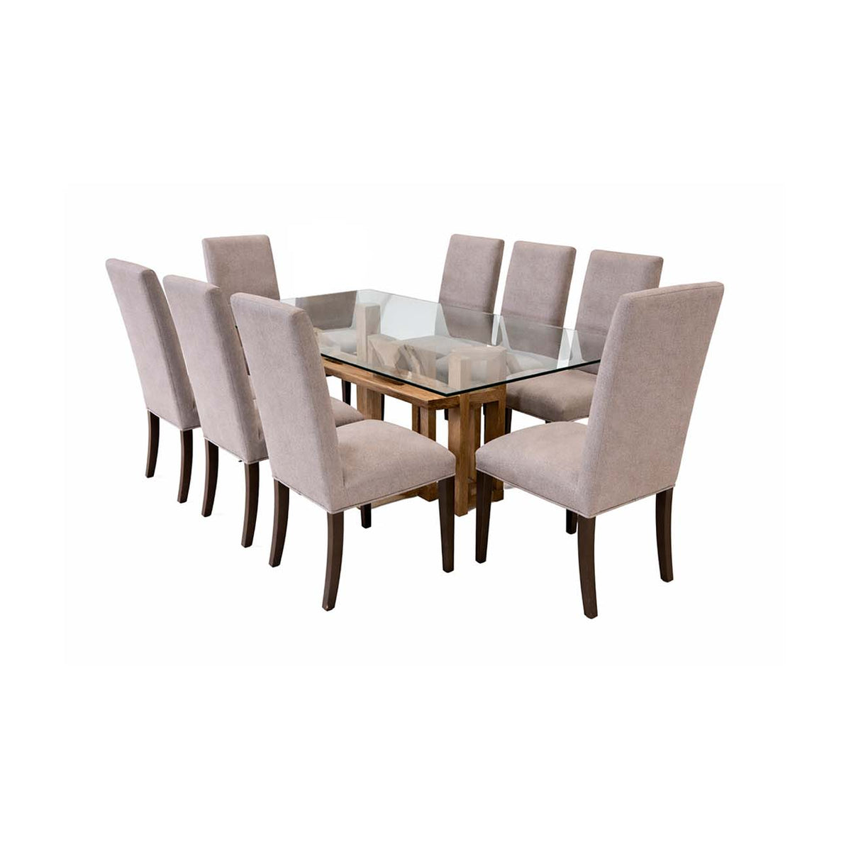Comedor modelo Breda 8 sillas element tapiz plumba pata bronce florentino