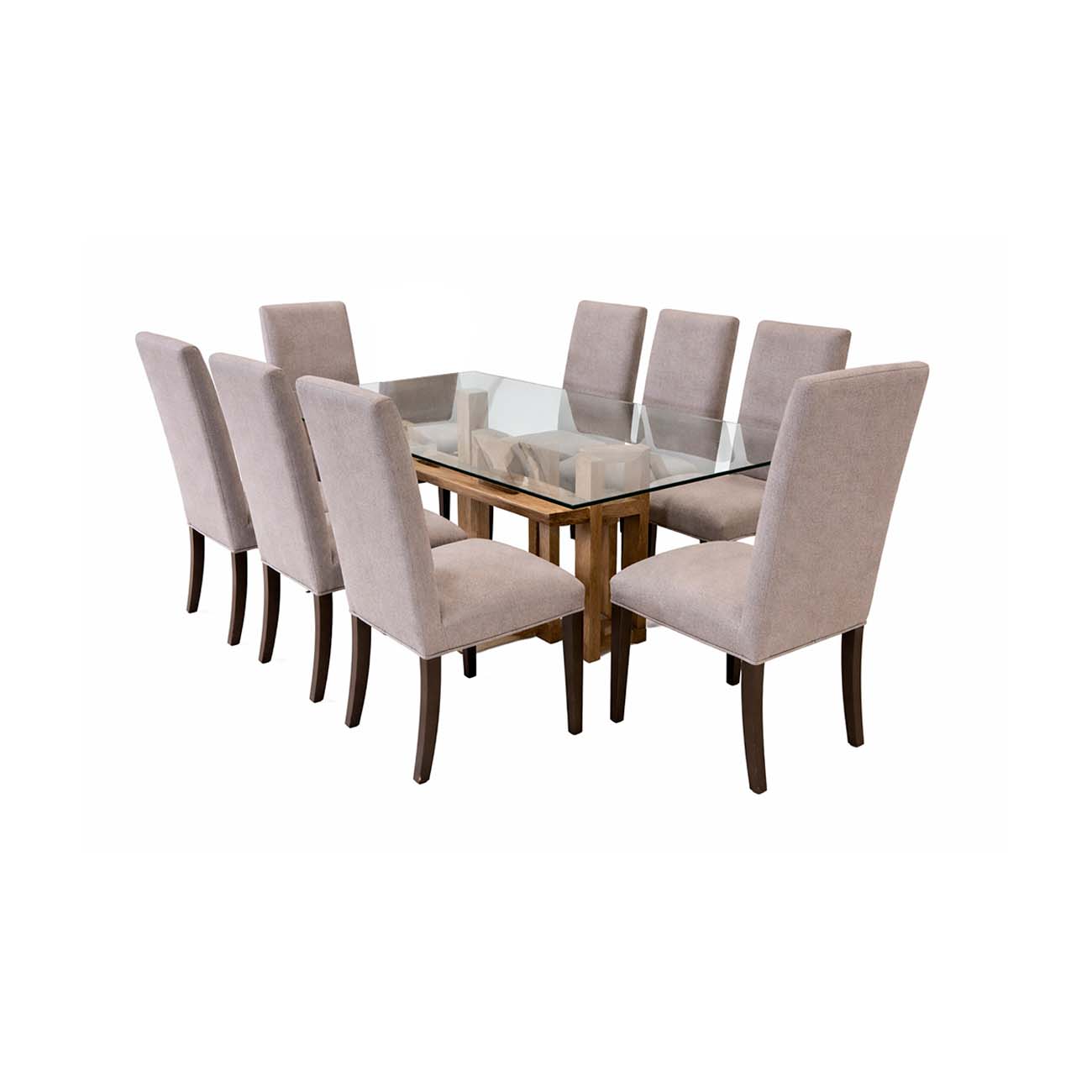 Comedor modelo Breda 8 sillas element tapiz plumba pata bronce florentino