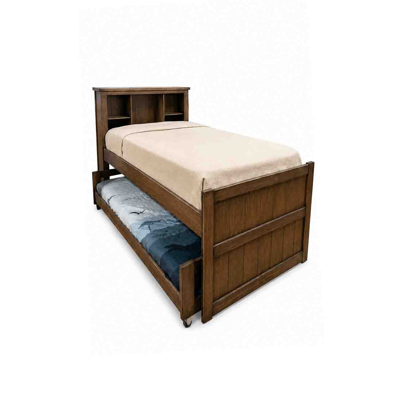 Cama estilo canguro con cabecera librero en color roble