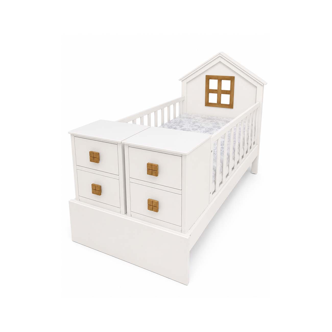 Cama cuna color blanco con detalles en encino incluye dos buró y colchon a la medida
