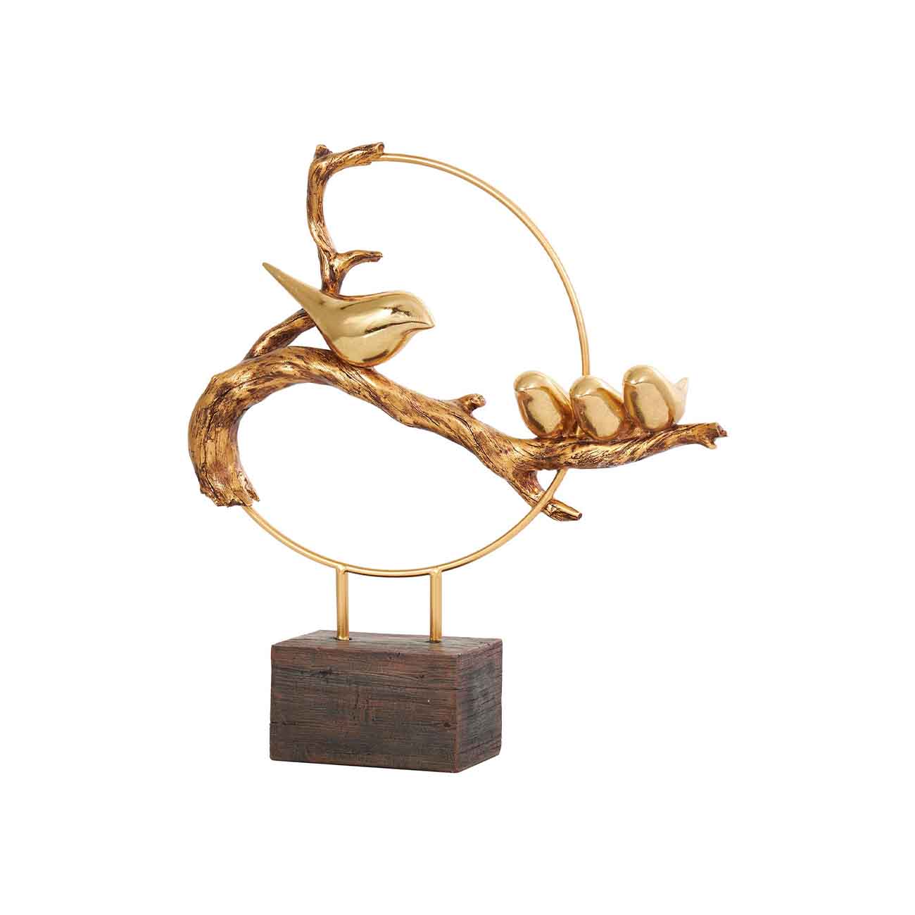 Escultura decorativa con diseño artistico de aves sobre rama, acabado dorado con base cafe